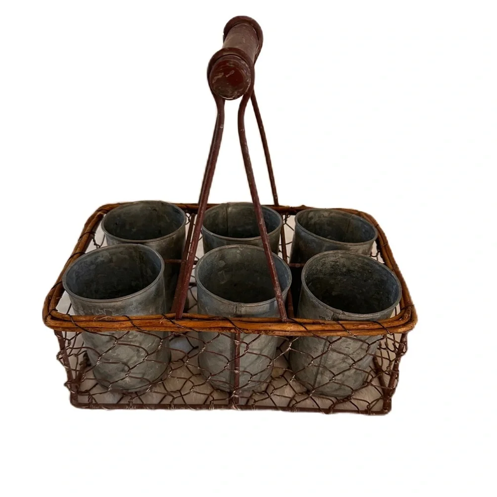 French Basket Farmhouse Rustic Wire Handle‎ 6 Cup Galvanized Metal Herb Pots